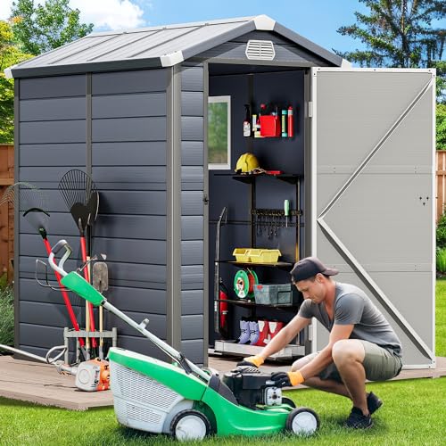 Light Gray Resin Tool Shed, 36 Cu Ft Outdoor Horizontal Storage with Air Vent and Lockable Doors U263