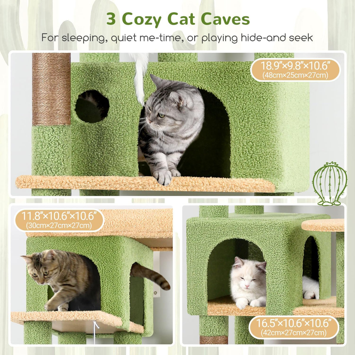 66 inch Multi-Level Cactus Climbing Tower Kitty Condo with Large Platform, 3 Caves W9438