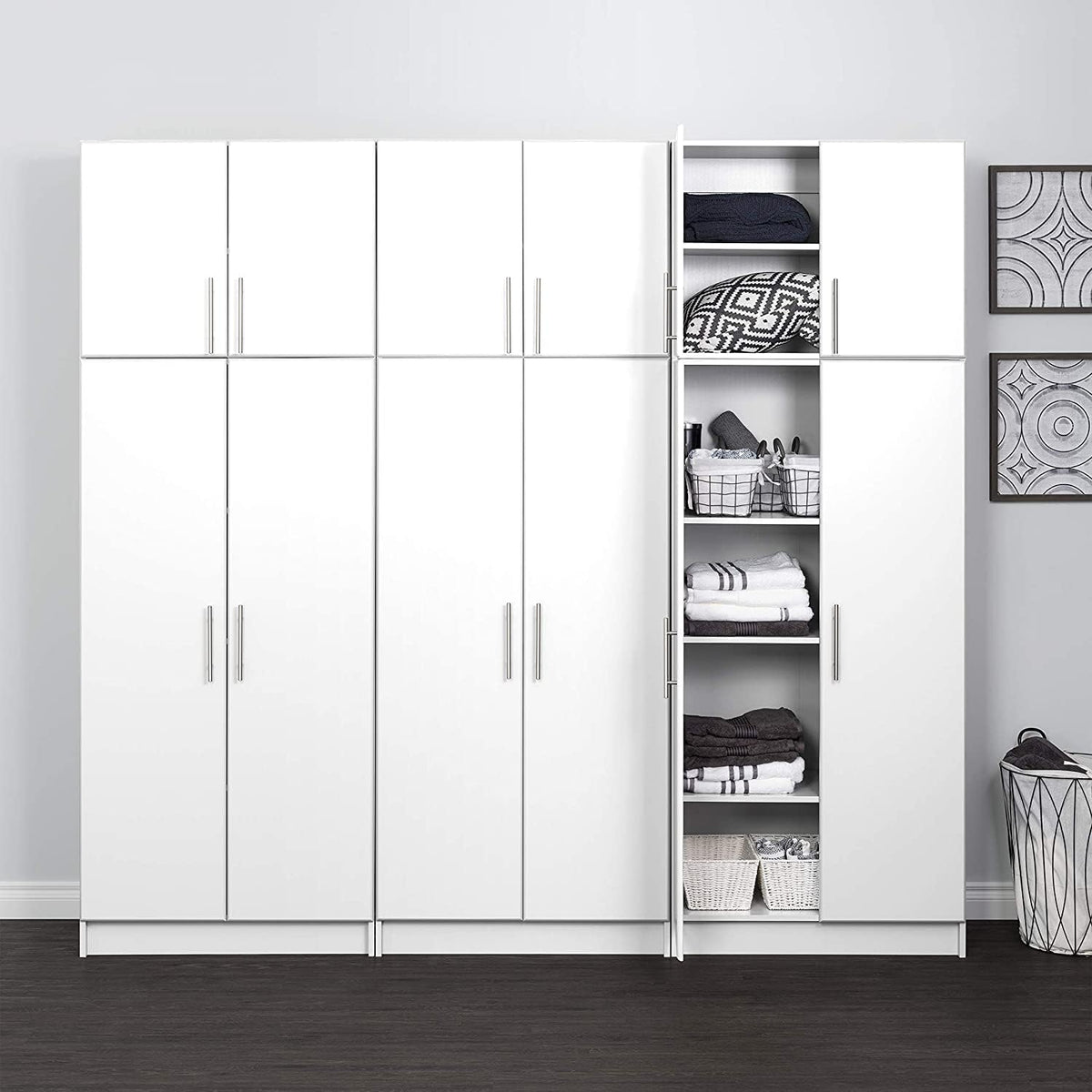 32" W White Storage Cabinet with Brushed Metal Handles B219
