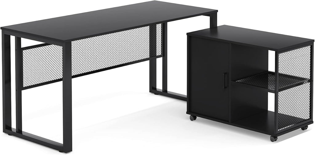 Black 55 inch L-Shaped Computer Desk with File Cabinet S4055