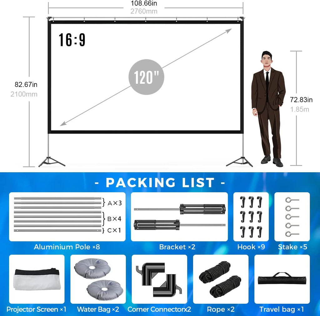 120 inch Portable Projector Screen with Stand and Carry Bag B996