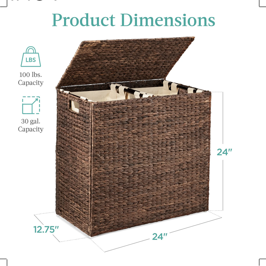 Large Natural Water Hyacinth Double Laundry Hamper Basket with 2 Liner Bags I362954