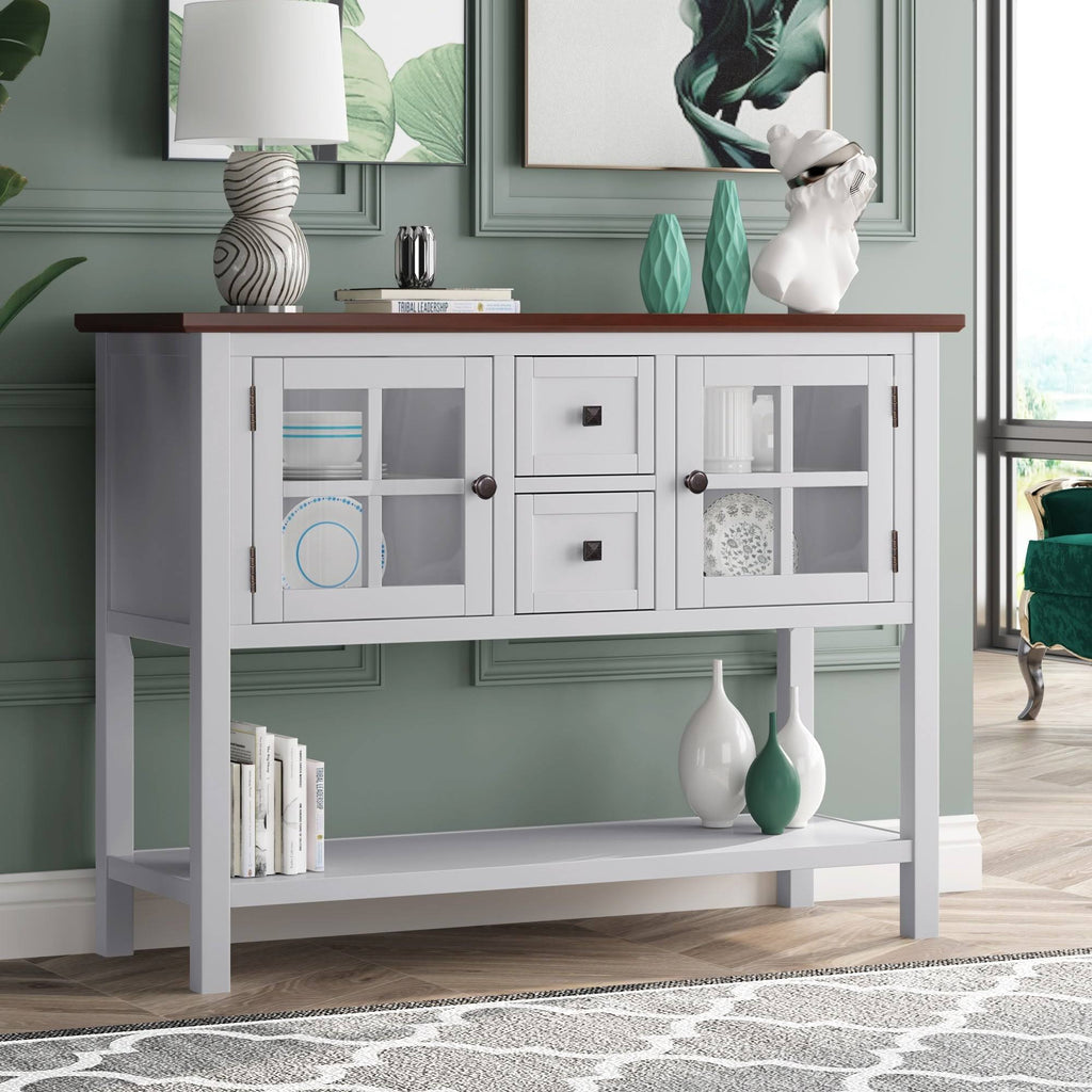 Modern Console Table with 2 Drawer, Cabinet, Shelf, White and Brown Wood G647675