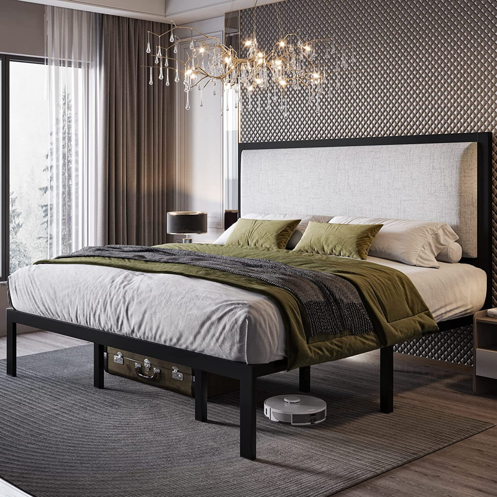 Queen Size Grey Metal Platform Bed Frame with Upholstered Headboard G88470