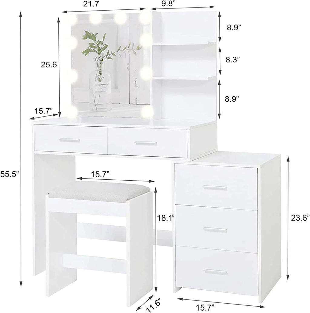 White Vanity Set with Mirror and Stool L4135