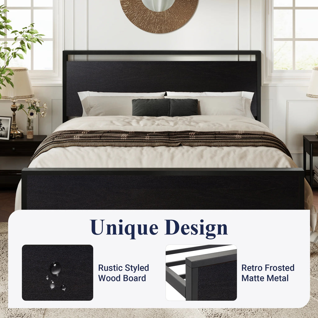 Walnut King Size Platform Bed Frame with Wood Headboard Q770