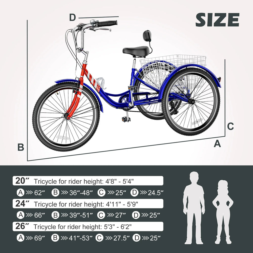 Adult Tricycles 3 Wheel 7 Speed 20 inch with Big Basket U563