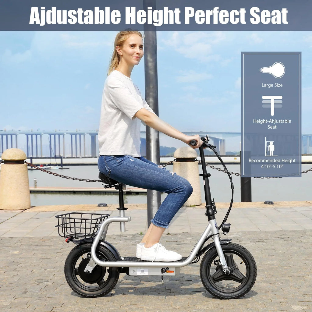 800W Adults Folding Electric Scooter with Removable Seat, Basket, 14" Tire, Silver H59456