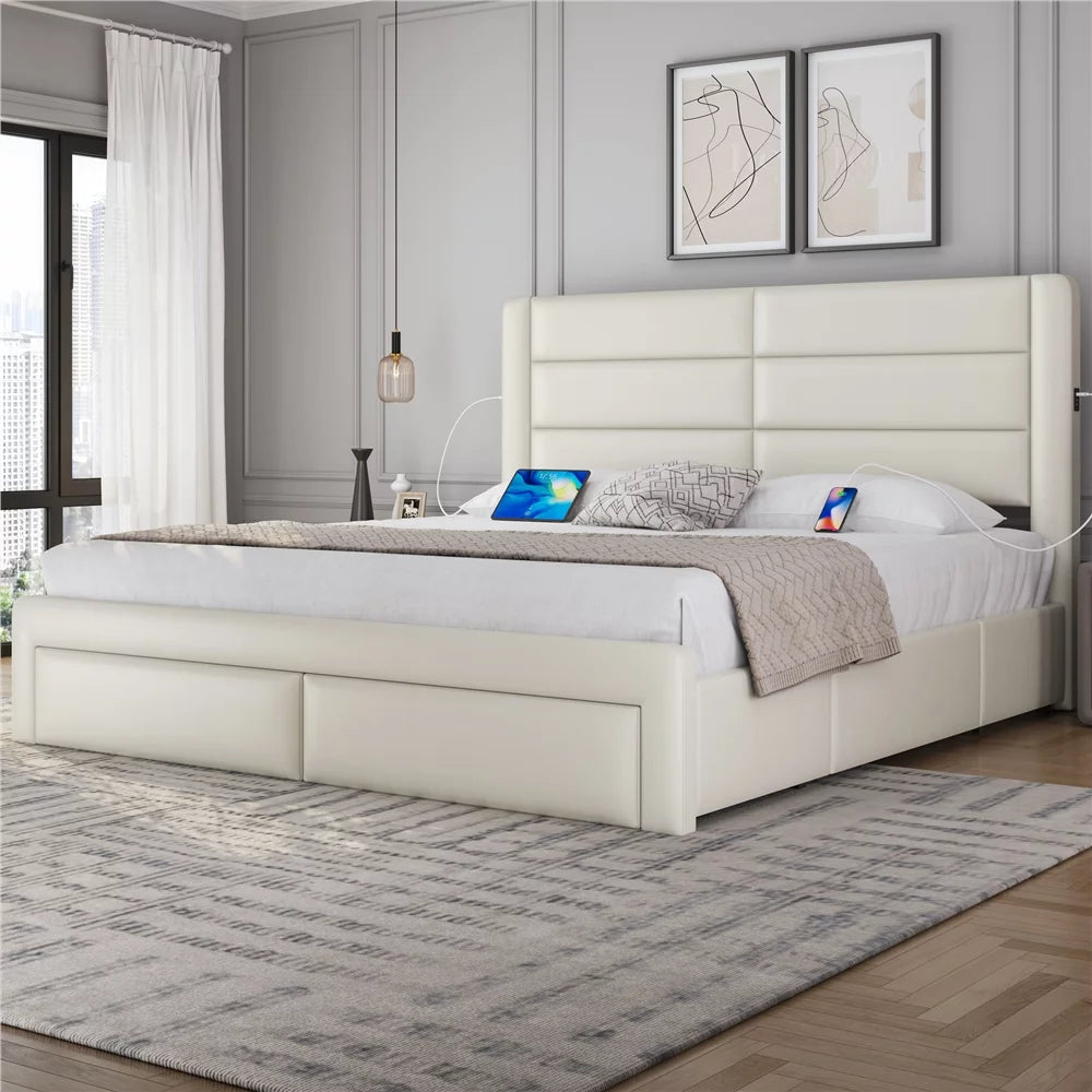 Beige Upholstered Platform Bed with 3 Storage Drawers and USB Ports W59790