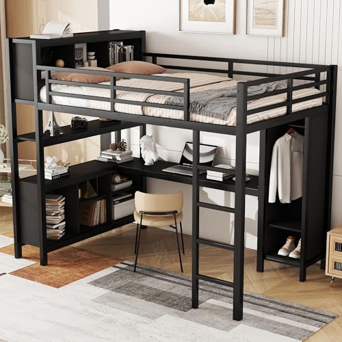 Full Size White Metal Loft Bed with L Shaped Desk and Wardrobe Z328607