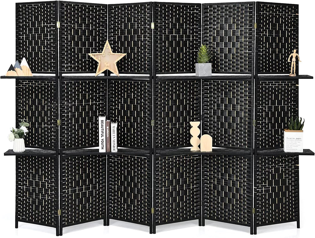 6Ft 6 Panel Hand-Woven Rattan Room Divider with Shelves G408176