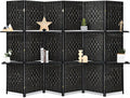 6Ft 6 Panel Hand-Woven Rattan Room Divider with Shelves G408176