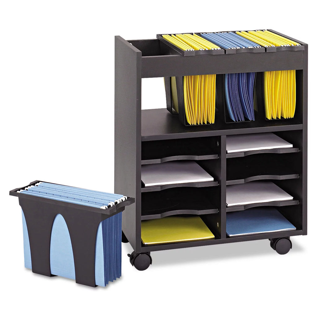 Black 8 Compartment Mobile Wood Letter File Cart S4748