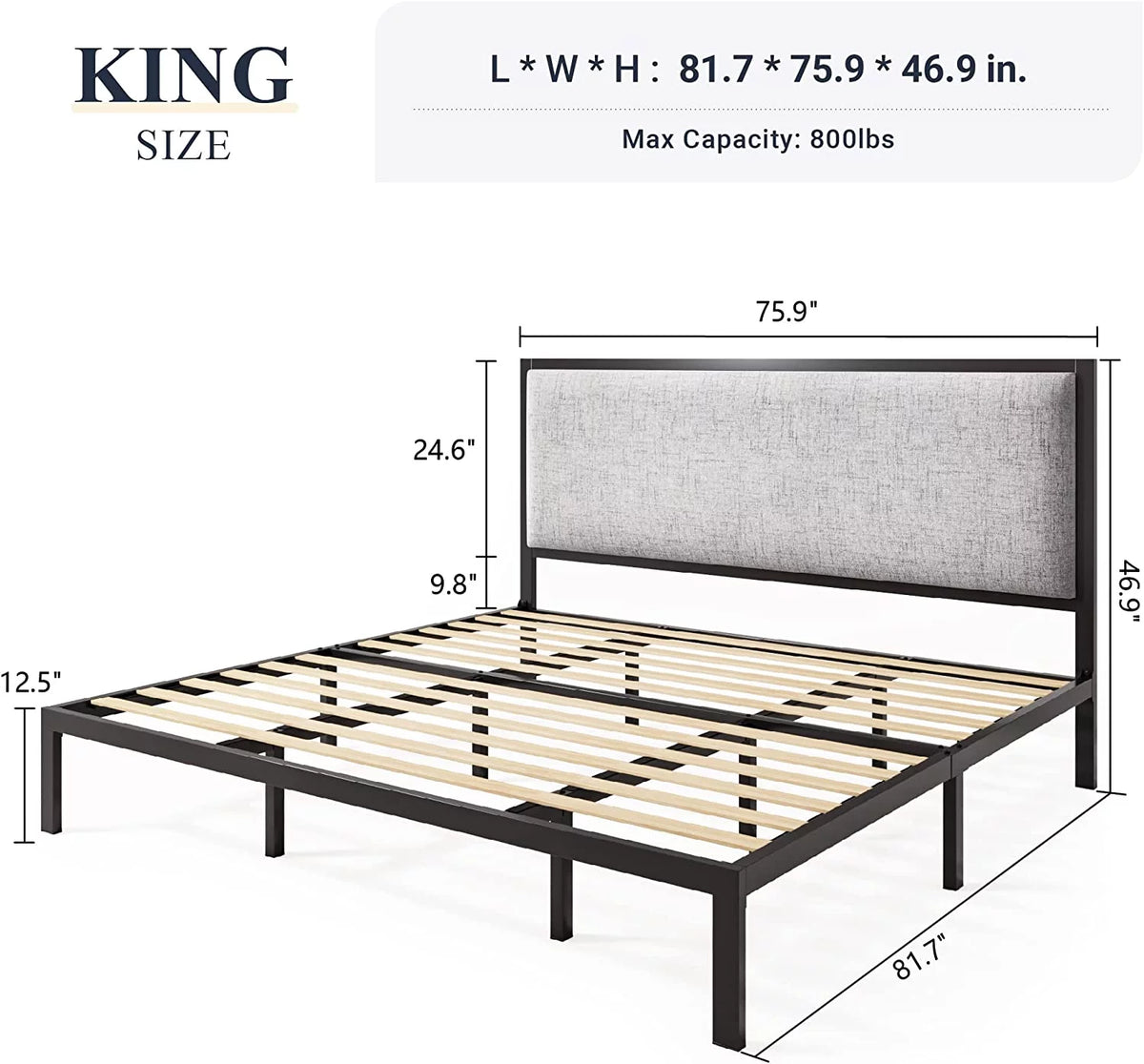 Queen Size Grey Metal Platform Bed Frame with Upholstered Headboard G88470
