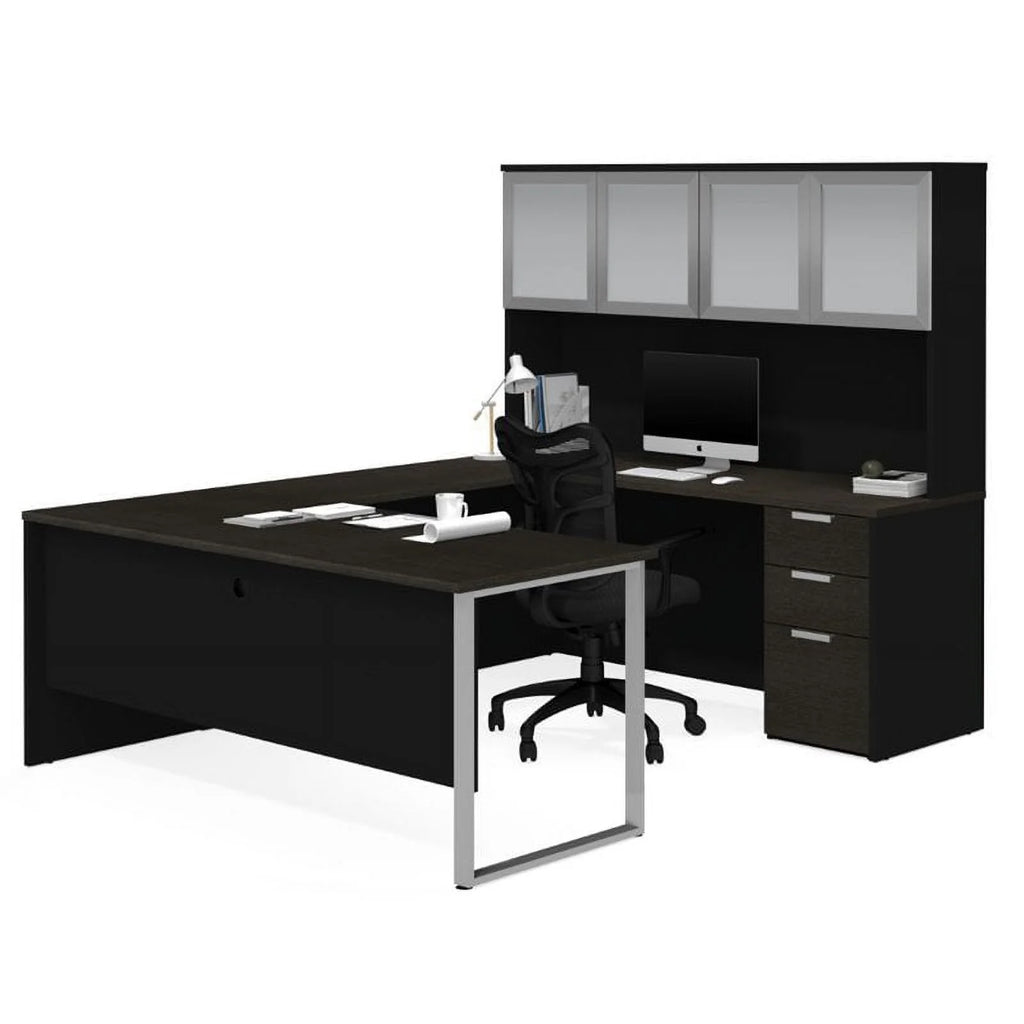 U Desk with 4 Door Hutch in Deep Gray and Black C6818