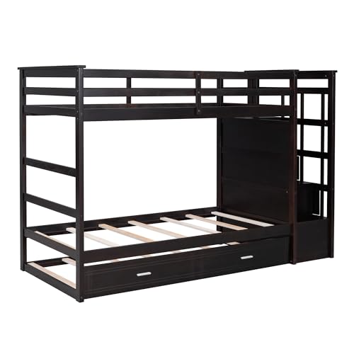 Full Over Full Wood Bunk Bed with Twin Trundle and Stairs, Espresso A1506