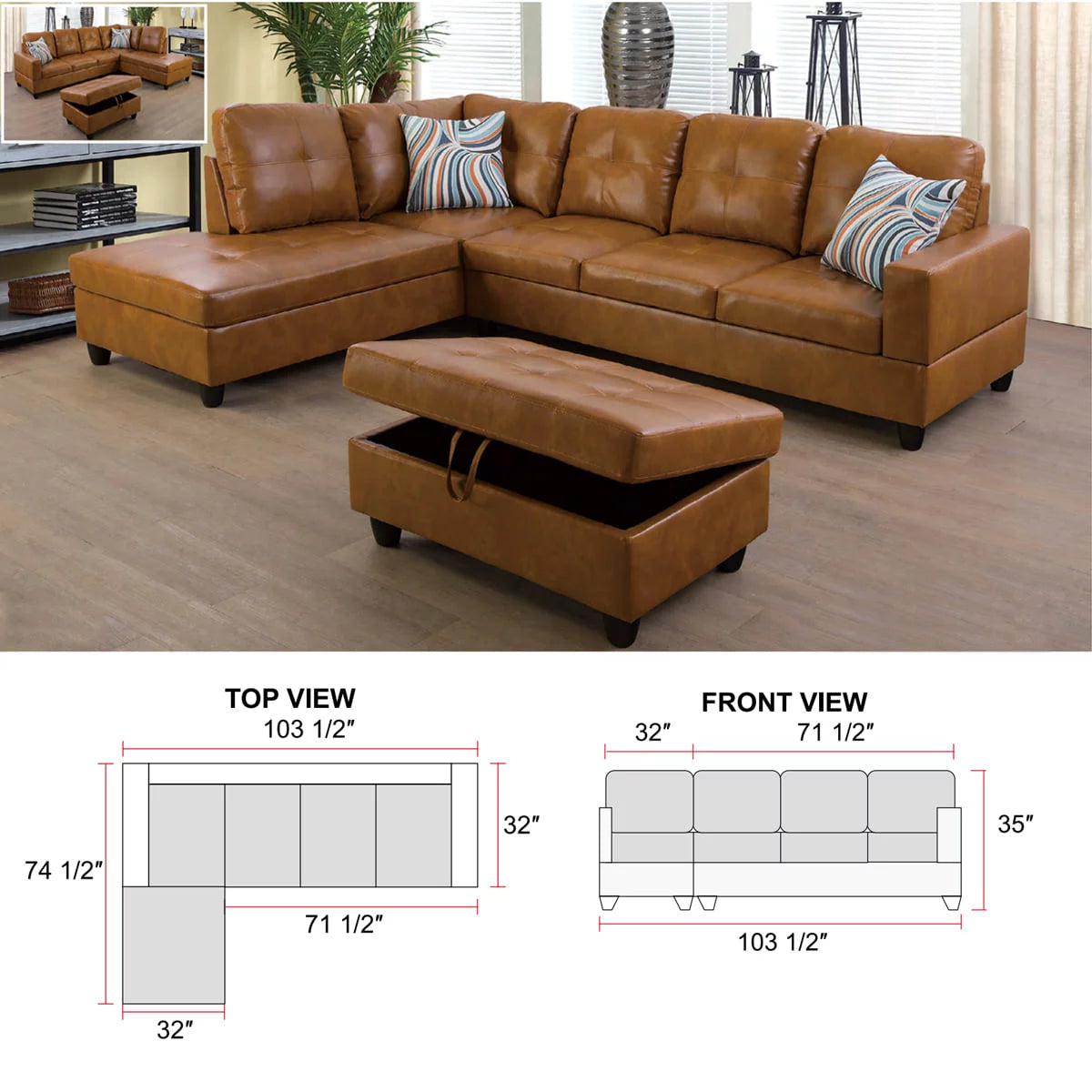 Ginger Leather L-Shaped Sectional Sofa with Chaise Storage Ottoman F556