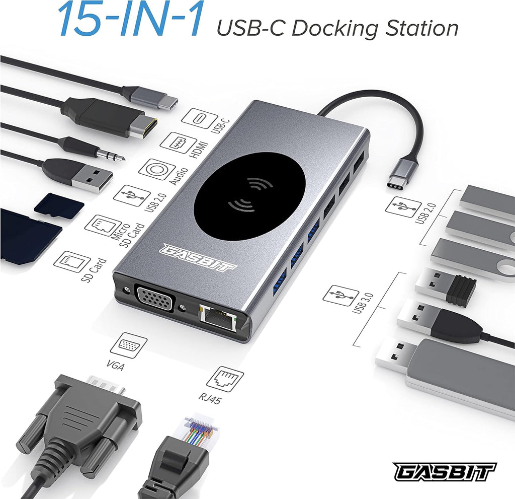 15-in-1 USB C Hub Multiport Adapter with Wireless Phone Charger, Pack of 2 T813388