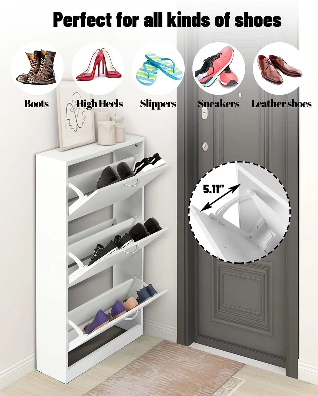 White Narrow 3 Tier Wood Shoe Cabinet Y4380