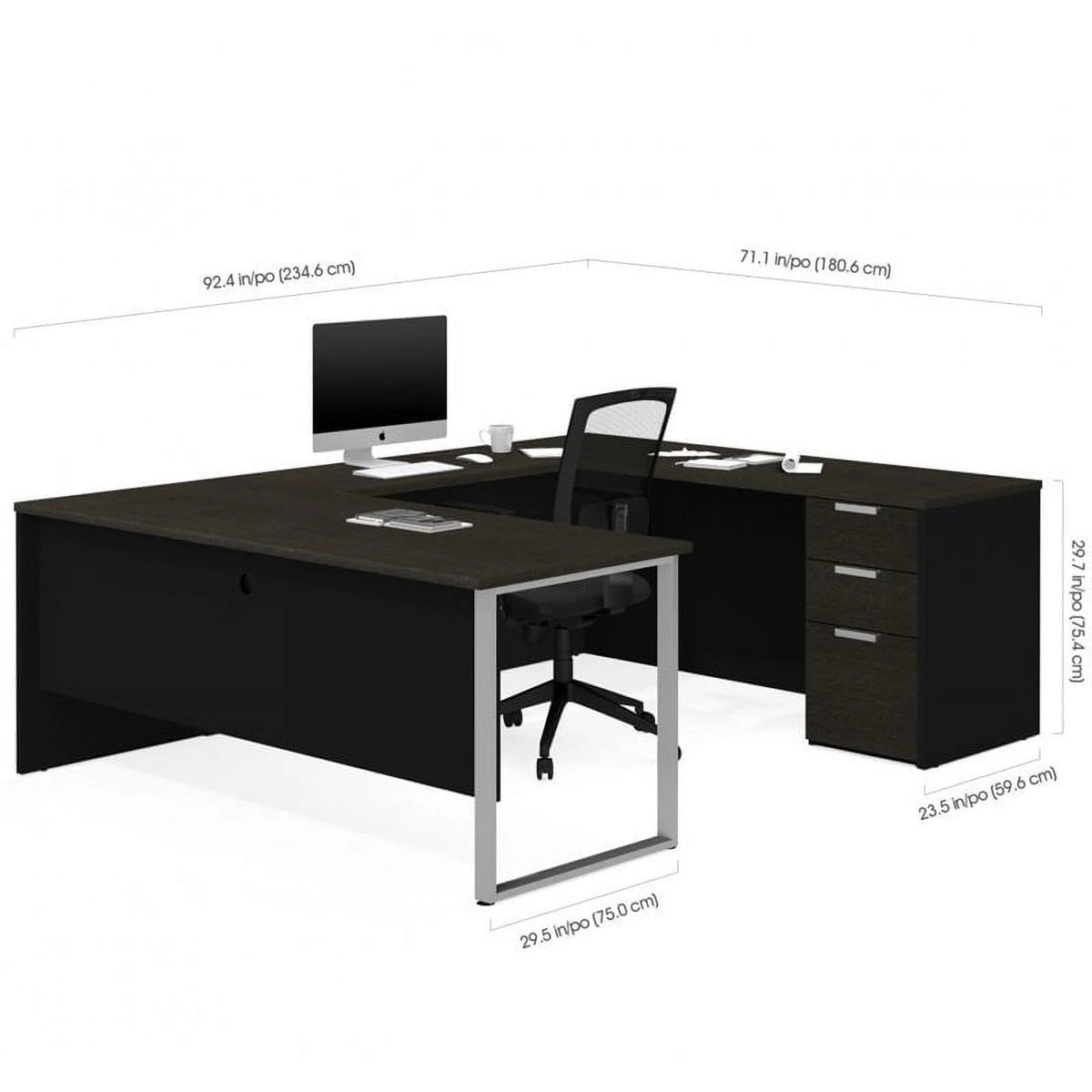 U Desk with 4 Door Hutch in Deep Gray and Black C6818