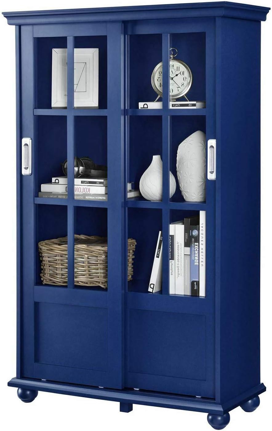 Navy Blue 4 Shelves Wooden Bookcase with Glass Door Q639