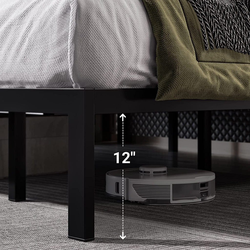 Queen Size Grey Metal Platform Bed Frame with Upholstered Headboard G88470