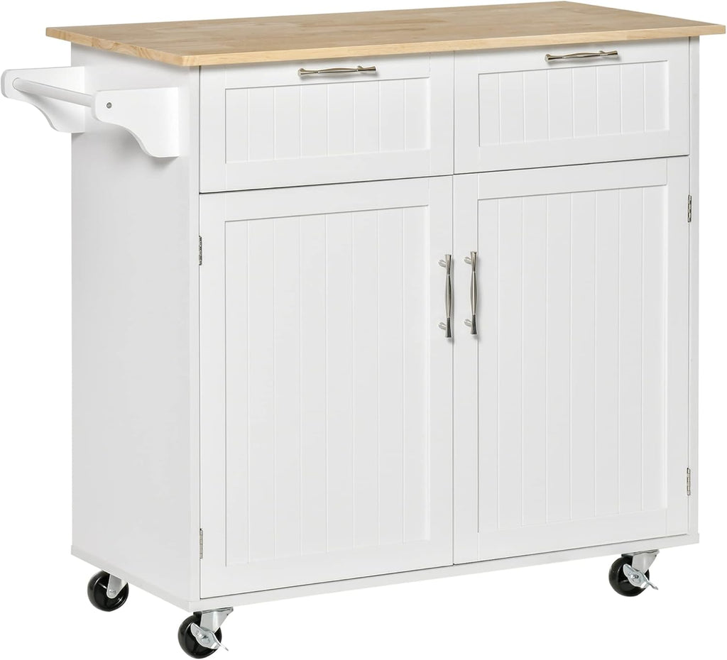 Black Rolling Kitchen Island with Rubberwood Top and Drawers W9750