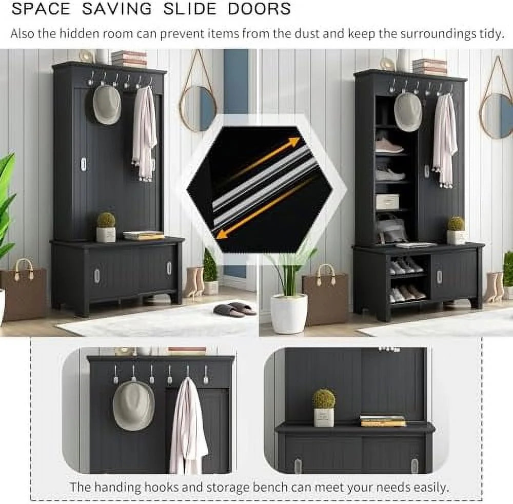 Black Hall Tree with Shoe Drawers and Bench D646