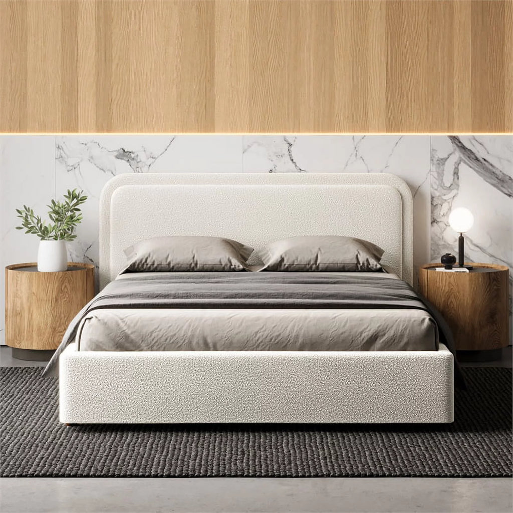 Queen Upholstered Platform Bed in White Boucle Fabric L9126