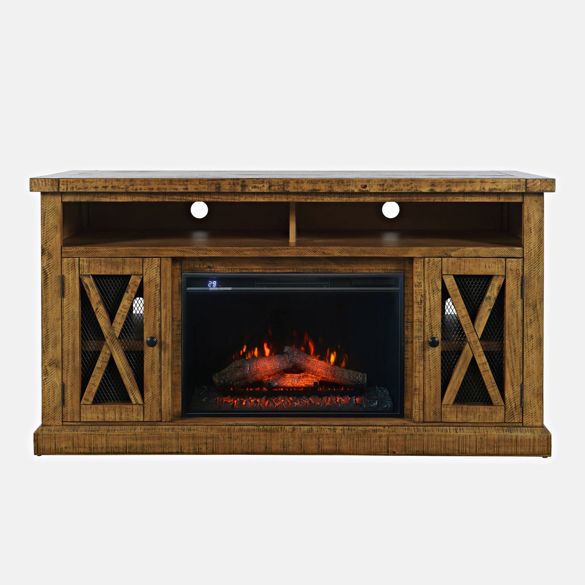 Rustic Solid Pine Storage Console TV Stand with Electric Fireplace X370