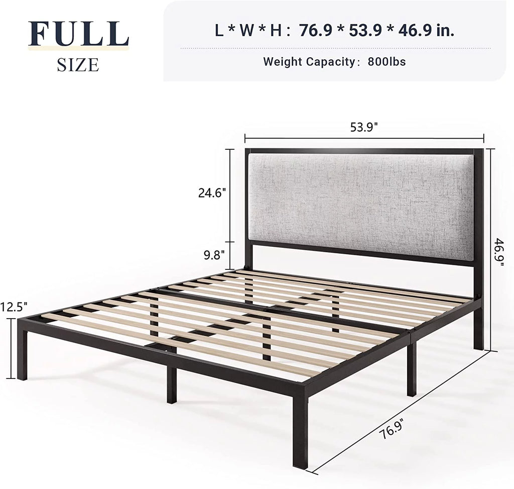 Queen Size Grey Metal Platform Bed Frame with Upholstered Headboard G88470