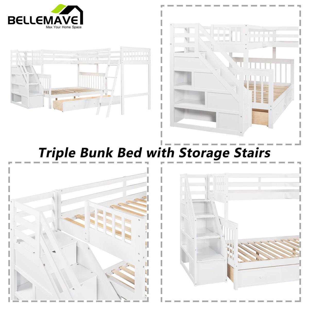 L-Shaped Twin over Full Size Bunk Beds with Storage Stairs and Drawers T607