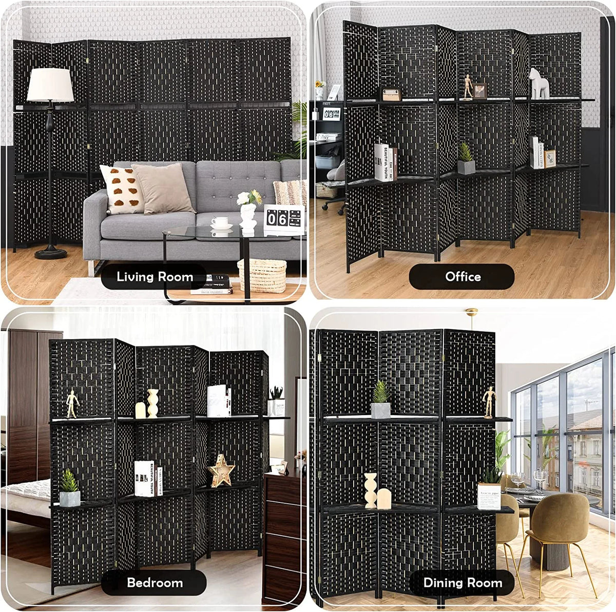 6Ft 6 Panel Hand-Woven Rattan Room Divider with Shelves G408176