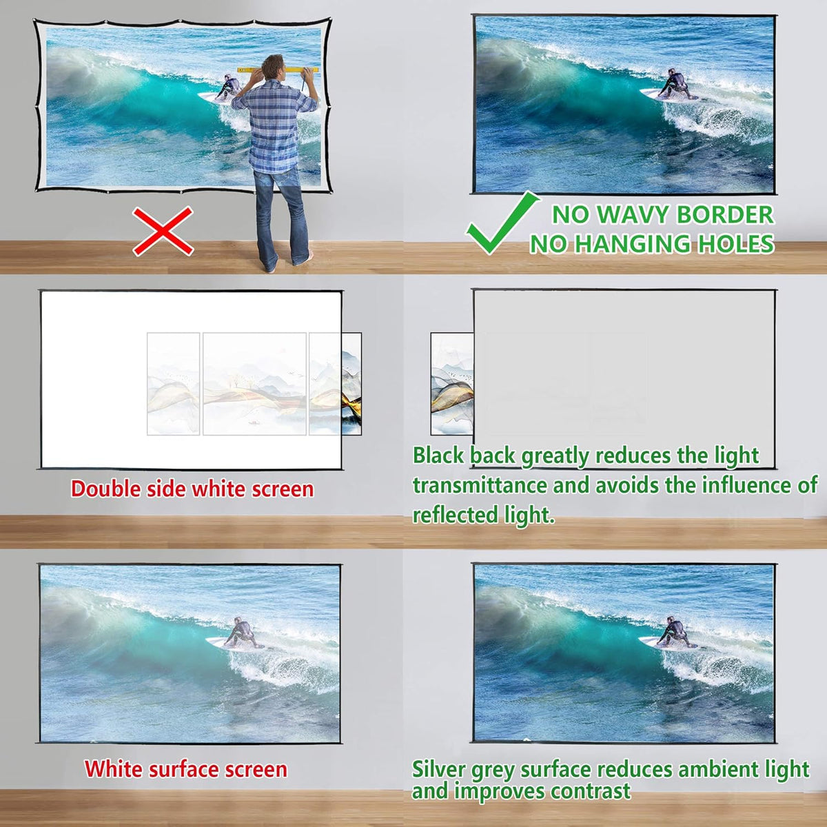 Foldable Projector Screen 100 inch 16:9 HD 4K Anti-Crease Black Backing Silver Portable Projection Screen Pack of 2 B54412